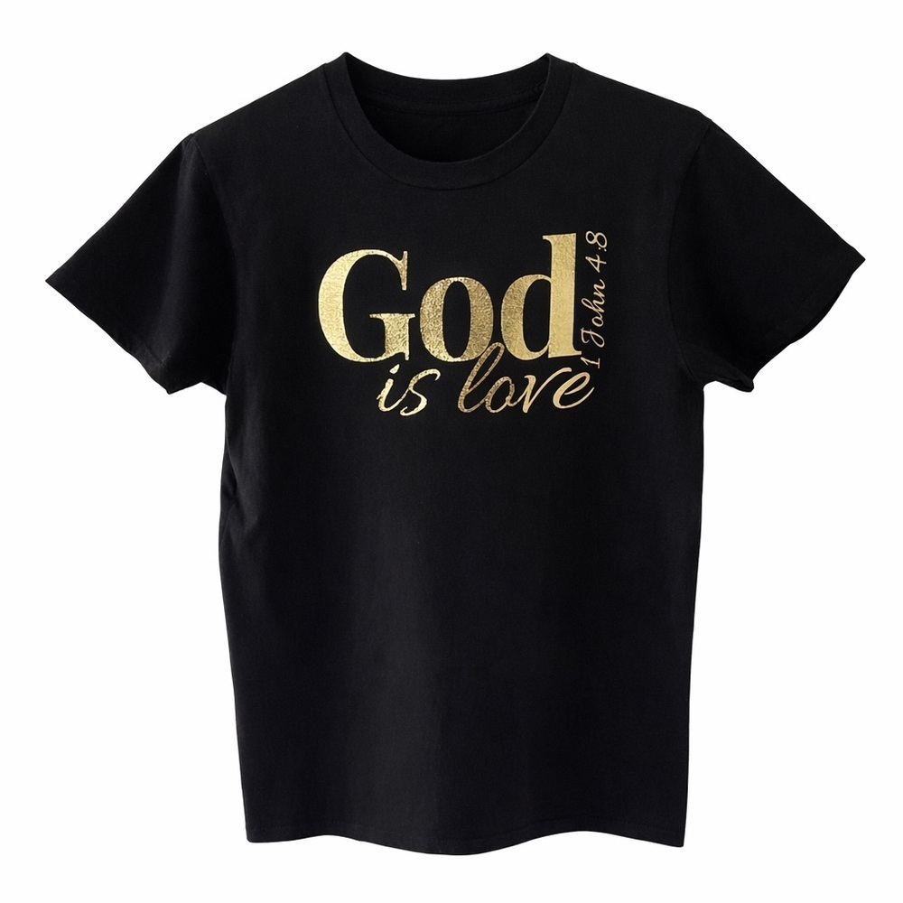 Handmade Christian Graphic Tee God Is Love Gold Foil Black Unisex Small